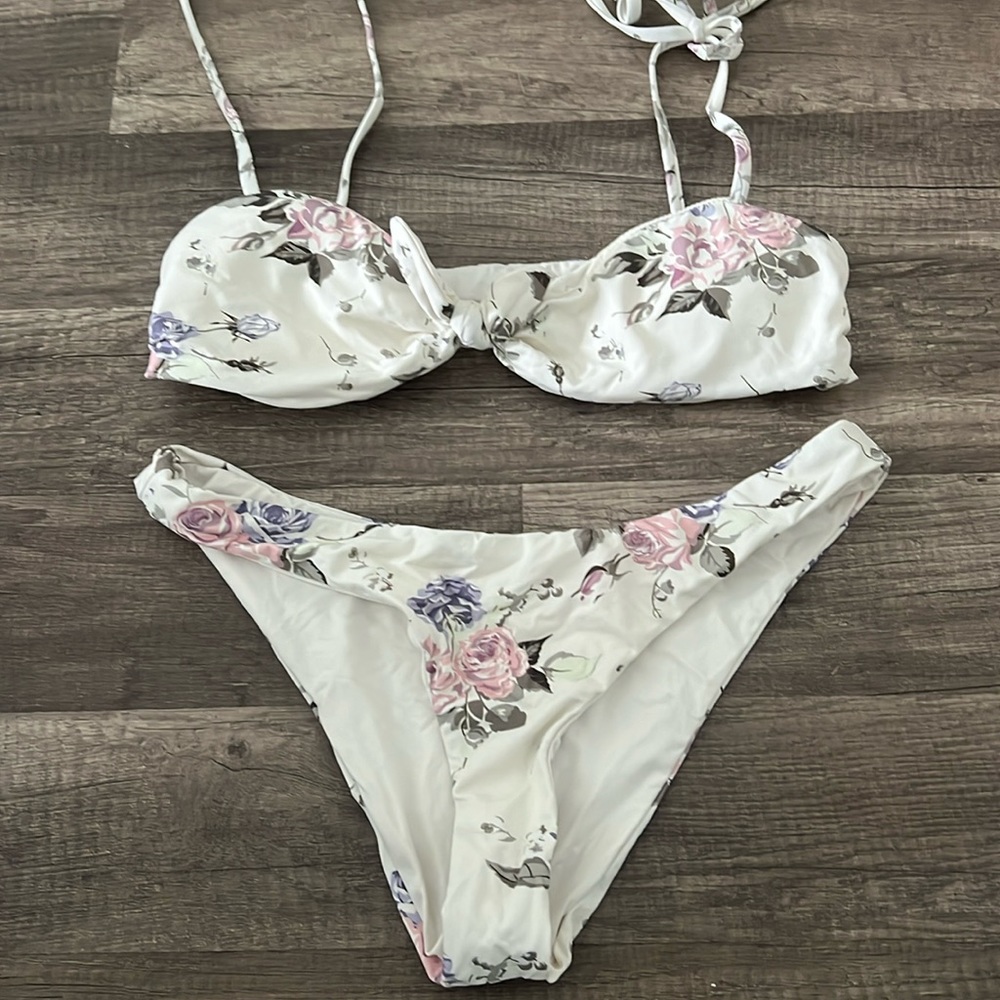 Dippin' Daisy's White Floral Bikini Set with Pink & Purple Roses